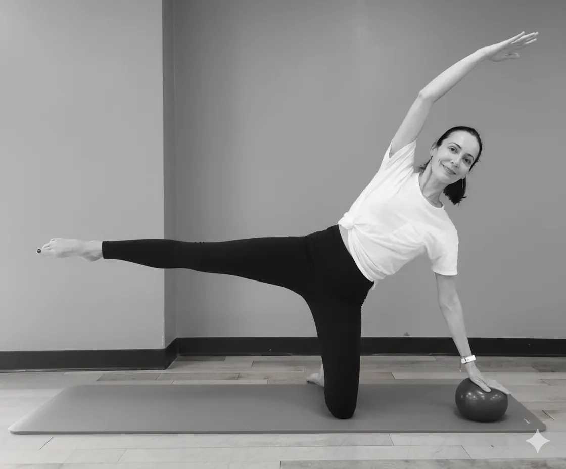 Jennifer Pagoto in a kneeling side-kick position, one arm overhead and the supporting hand on a mini stability ball.
