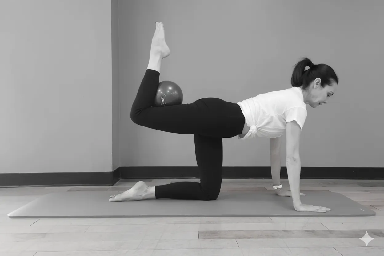 Jennifer Pagoto on hands and knees, holding a mini stability ball behind one bent knee while lifting the leg.