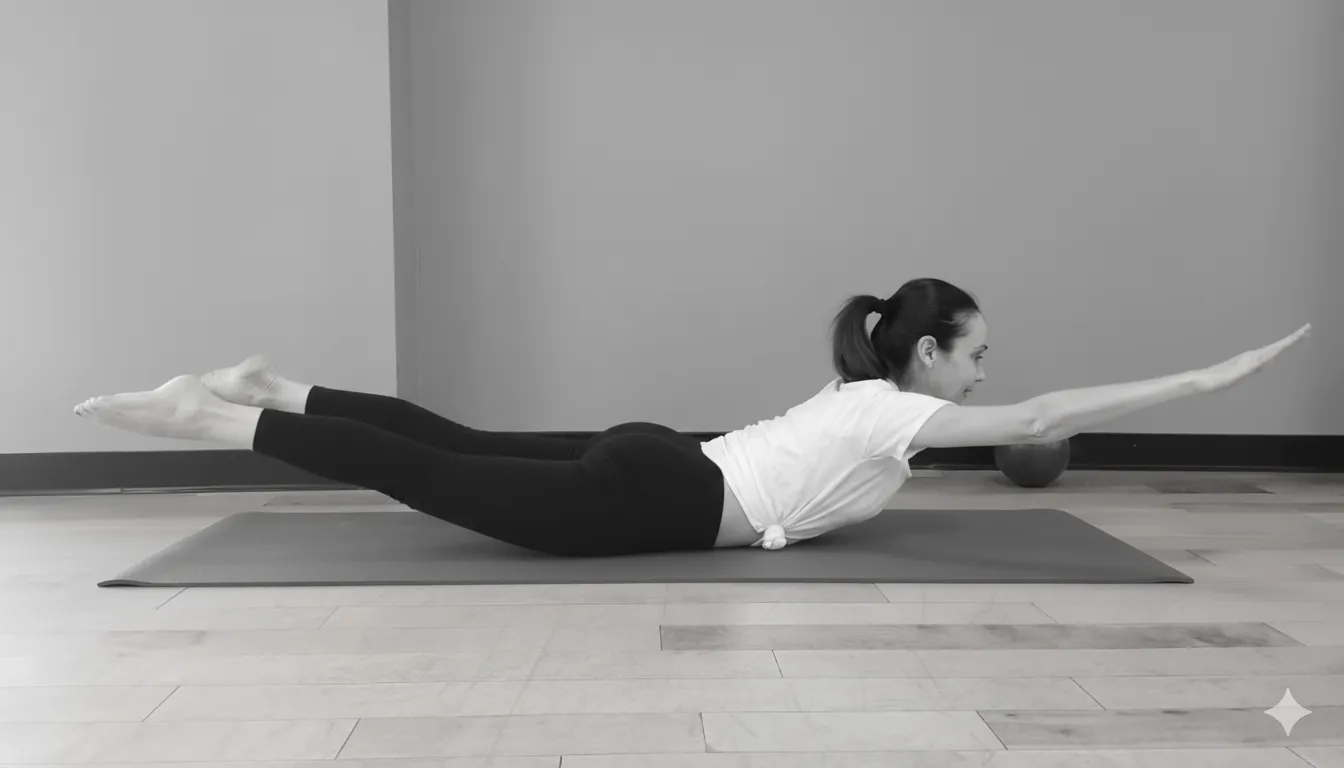 Jennifer Pagoto lying prone on a mat with arms and legs extended and lifted, in the Pilates extension series.