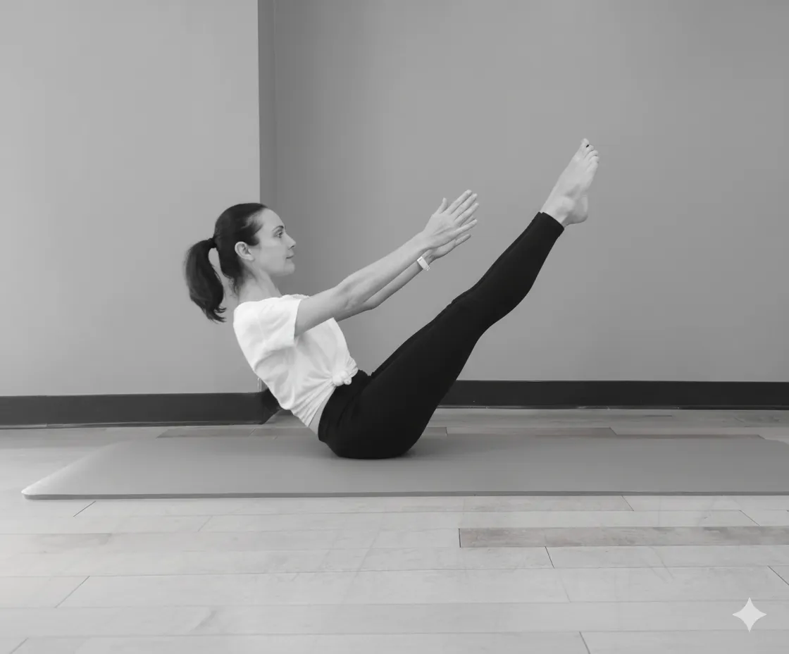 Jennifer Pagoto in the Pilates teaser, balanced on her sit bones with legs and arms extended.